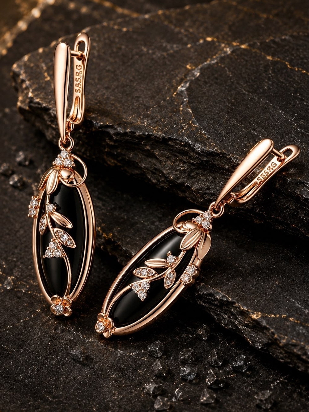 Elegant Rose Gold and Black Onyx Drop Earrings with Crystal Accents